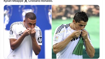 Gestur Mbappe saat perkenalan di Real Madrid disamakan dengan Cristiano Ronaldo dulu. Foto: Twitter