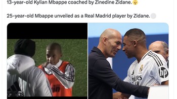 Mbappe usia 13 tahun dilatih Zidane, kini Mbappe usia 25 tahun diperkenalkan sebagai pemain Real Madrid oleh Zidane. Foto: Twitter