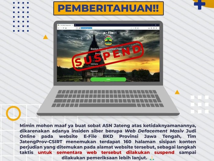 Pemberitahuan soal penghentian situs e-file BKD Jateng buntut peretasan. Foto diunggah Rabu (17/7/2024).