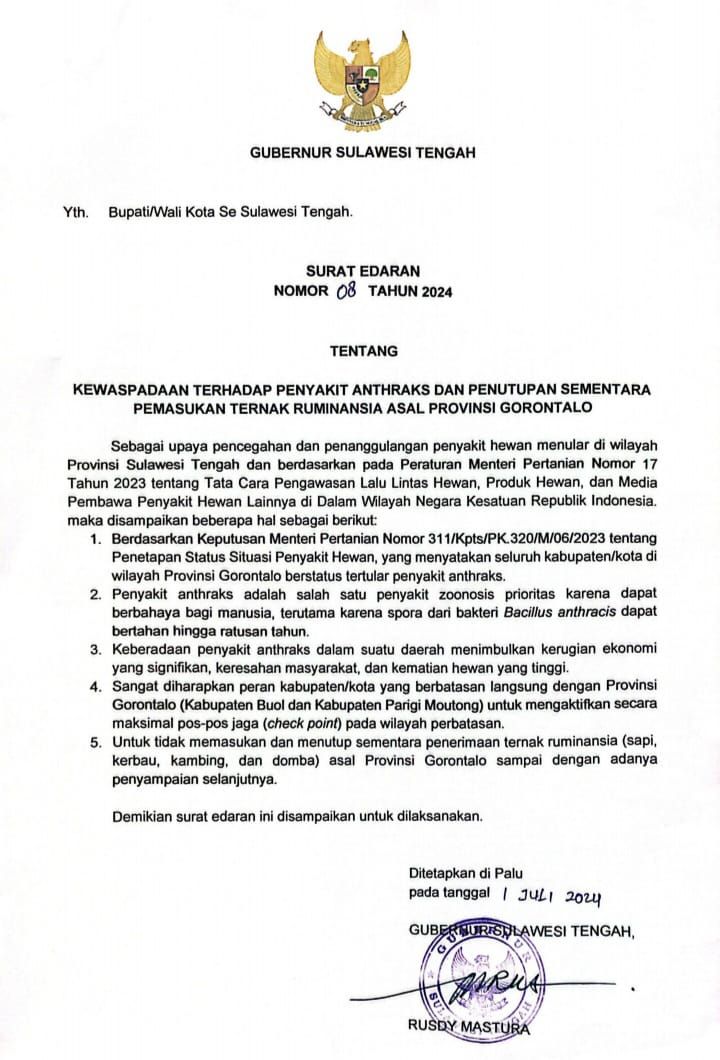 Surat Edaran Pemprov Sulteng terkait larangan masuk ternak ruminansia asal Gorontalo.