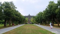 Pepohonan rindang di depan area candi Borobudur, seolah menyambur selamat datang.