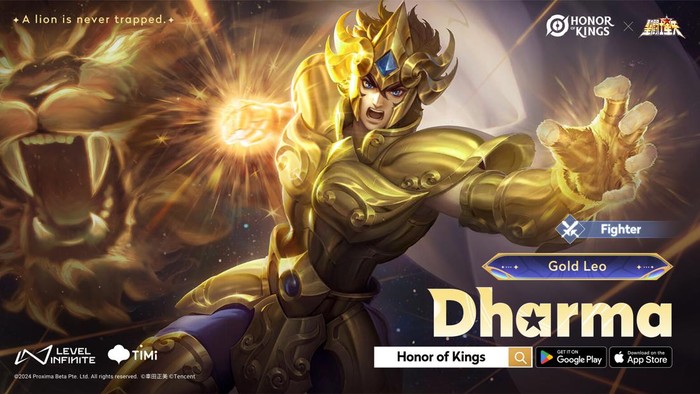 Honor of Kings bagi-bagi skin gratis Saint Seiya Gold Leo. Skin yang bisa diperoleh secara cuma-cuma ini milik hero fighter bernama Dharma.