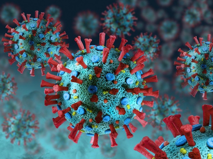 Microscopic real 3D model of the corona virus COVID-19. The image is a scientific interpretation of the virus with all relevant details : Spike Glycoproteins, Hemagglutinin-esterase, E- and M-Proteins and Envelope.