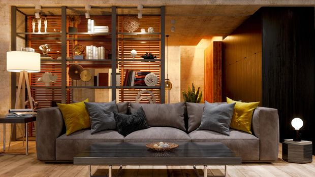 Luxury Living Room At Night With Sofa, Floor Lamp And Parquet Floor.