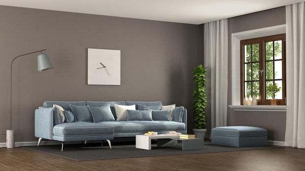 Brown and blue elegant living room with angle sofa and wooden window - 3d renderingNote: the room does not exist in reality, Property model is not necessary