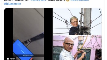 Meme CEO Microsoft Satya Nadella sampai Bill Gates sibuk memperbaiki Windows yang tumbang. Foto: Twitter