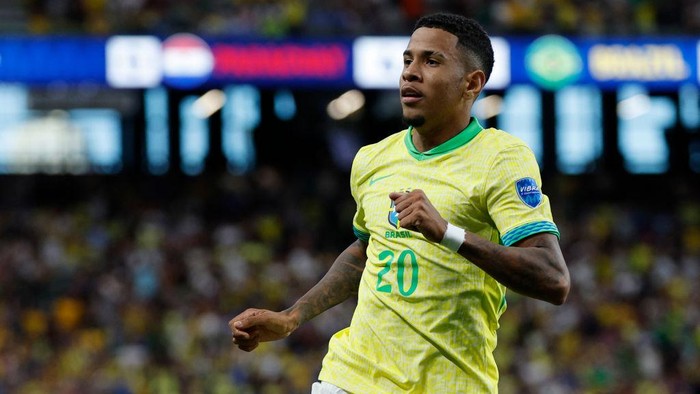 LAS VEGAS, NEVADA - JUNE 28: Savinho of Brazil celebrates after scoring the teams second goal during the CONMEBOL Copa America 2024 Group D match between Paraguay and Brazil at Allegiant Stadium on June 28, 2024 in Las Vegas, Nevada. (Photo by Kevork Djansezian/Getty Images)