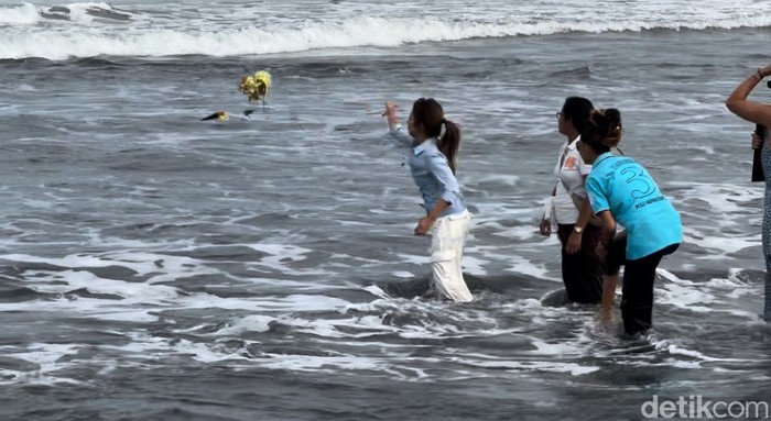 Jennifer Coppen melarung abu suaminya, Yitta Dali Wassink, di Pantai Lembeng, Desa Lembeng, Kecamatan Sukawati, Gianyar, Bali, Minggu (21/7/2024). (Ni Made Lastri Karsiani Putri/detikBali)