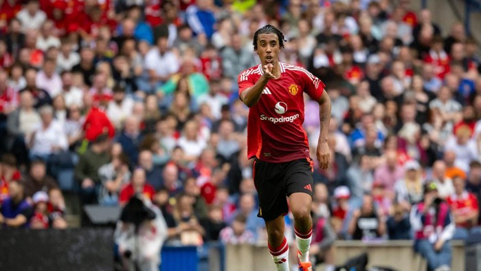 EDINBURGH, SCOTLAND - JULY 20: Leny Yoro of Manchester United in action during a pre-season friendly match between Manchester United v Glasgow Rangers at Murrayfield Stadium on July 20, 2024 in Edinburgh, Scotland. (Photo by Ash Donelon/Manchester United via Getty Images)