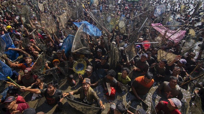 Warga berlomba menangkap ikan saat Festival Memet Ikan di kolam Desa Gemblegan, Kalikotes, Klaten, Jawa Tengah, Minggu (21/7/2024). Sebanyak 2 ton ikan disebar untuk ditangkap bersama pada festival memet ikan 2024 sekaligus sebagai upaya mengajak masyarkat untuk gemar makan ikan. ANTARA FOTO/Aloysius Jarot Nugroho/wpa.