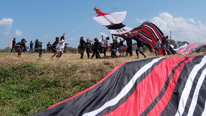 Sejumlah peserta berusaha menangkap layang-layang tradisional Bali yang diturunkan saat mengikuti perlombaan pada Festival Layangan Piala Gubernur Bali 2024 di Pantai Padanggalak, Denpasar, Bali, Minggu (21/7/2024). Kegiatan yang diselenggarakan oleh Komunitas Seni Layanan Bali bekerja sama dengan Pemerintah Provinsi Bali tersebut diikuti 1.340 peserta  untuk pelestarian permainan tradisional Bali. ANTARA FOTO/Nyoman Hendra Wibowo/wpa.