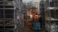 Seorang operator mengoperasikan forklift untuk menata tumpukan ikan yang ada di dalam keramba di gudang pendingin 1000 ton Muara Baru.