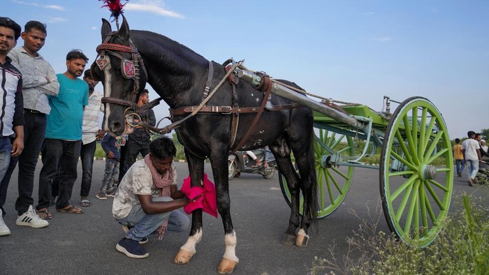 Sejumlah peserta mengikuti lomba balap kereta kuda tradisional di Prayagraj, India. Lomba ini diadakan sertiap hari Senin bulan kalender Hindu Saawan.