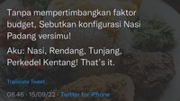 Saking cintannya dengannya nasi Padang, Joshua sempat tulis cuitan tentang lauk favoritnya. Yaitu nasi Padang dengan rendang, tunjang serta perkedel kentang. Foto: Instagram @joshuasuherman
