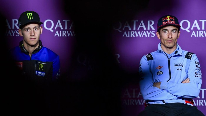 French MotoGP rider Fabio Quartararo of Monster Energy Yamaha MotoGP (L) and Spanish MotoGP rider Marc Marquez of Gresini Racing MotoGP (R) are attending the Pre-Event Press Conference at the MotoGP of Qatar at the Lusail International Circuit in Lusail, Qatar, on March 7, 2024. (Photo by Noushad Thekkayil/NurPhoto via Getty Images)