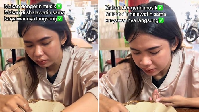 Wanita yang membagikan pengalamannya ketika makan di restoran, karyawan restoran langsung shalawat bersama. Unggahan tersebut langsung viral di TikTok.