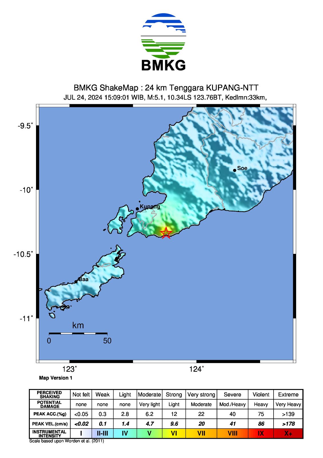 Gempa bumi mengguncang Kupang Nusa Tenggara Timur dengan magnitudo 5,1. (Dok. BMKG)