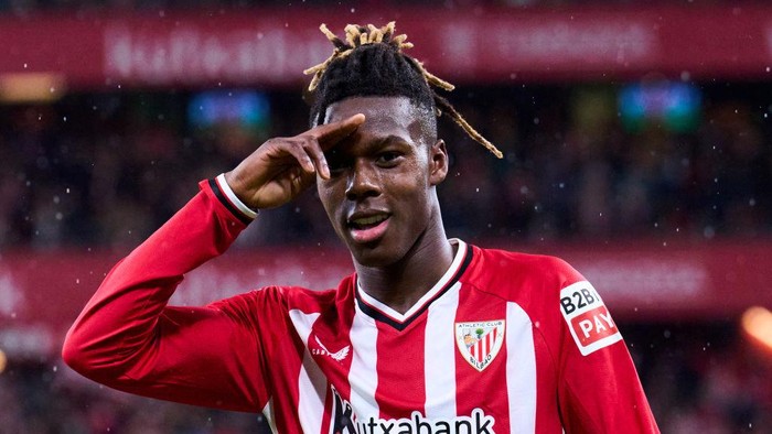 BILBAO, SPAIN - FEBRUARY 29: Nico Williams of Athletic Club celebrates after scoring his teams second goal during the Copa del Rey Semifinal match between Athletic Club Bilbao and Atletico de Madrid at San Mames Stadium on February 29, 2024 in Bilbao, Spain. (Photo by Juan Manuel Serrano Arce/Getty Images)