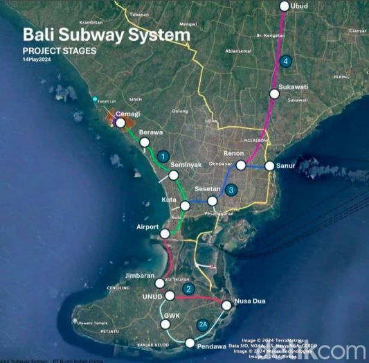 Peta proyek Bali Urban Rail yang mencakup pembangunan transportasi berbasis kereta berupa mass rapid transit (MRT). (Foto: Istimewa)