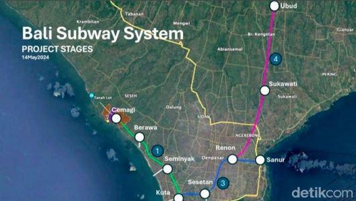 Peta proyek Bali Urban Rail yang mencakup pembangunan transportasi berbasis kereta berupa mass rapid transit (MRT). (Foto: Istimewa)