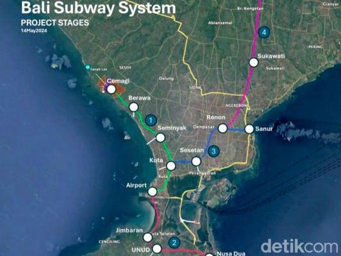 Peta proyek Bali Urban Rail yang mencakup pembangunan transportasi berbasis kereta berupa mass rapid transit (MRT). (Foto: Istimewa)