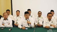 (Kiri-kanan) Ketua Panitia Mukernas dan Harlah PKB, Cucun Ahmad Sjamsurijal, Wakil Ketua Umum Jazilul Fawaid, Wasekjen DPP PKB Syaiful Huda memberikan keterangan pers di Jakarta, Rabu (24/7/2024).  