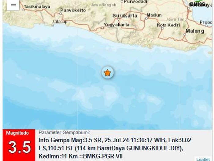 Gempa M 3,5 di perairan Gunungkidul, Kamis (25/7/2024)