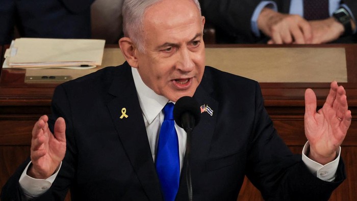 Israeli Prime Minister Benjamin Netanyahu addresses a joint meeting of Congress at the U.S. Capitol in Washington, U.S., July 24, 2024. REUTERS/Craig Hudson