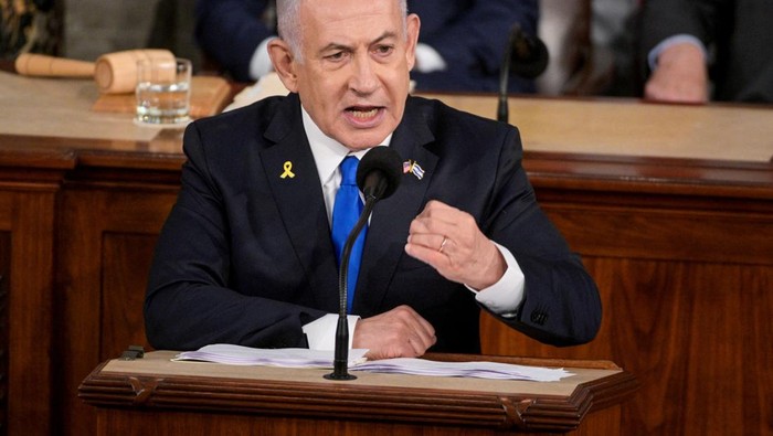 Israeli Prime Minister Benjamin Netanyahu addresses a joint meeting of Congress at the U.S. Capitol in Washington, U.S., July 24, 2024. REUTERS/Craig Hudson