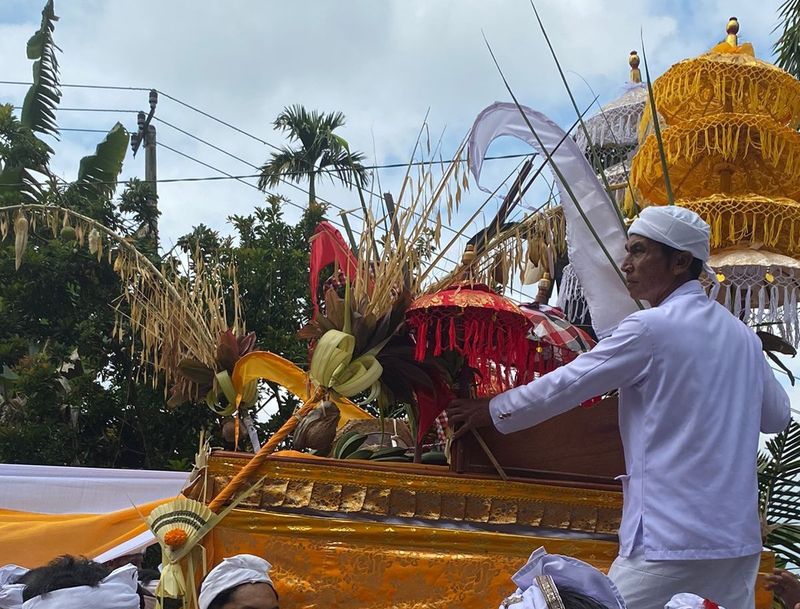 Prosesi tradisi nyelung, tradisi menghaturkan persembahan hasil pertanian warga di Pura Pucak Pausan, Desa Adat Pausan, Desa Buahan Kaja, Kecamatan Payangan, Gianyar, Rabu (24/7/2024). (Istimewa)