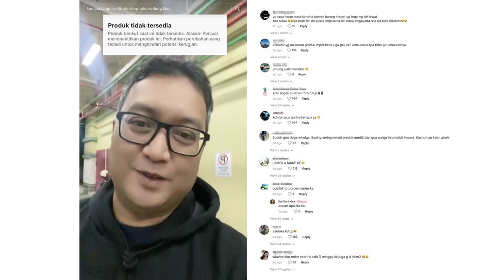 Sebuah akun tiktok @kenyorindra1 mengunggah video mengenai toko toko di tiktoi serentak libur. (Tangkapan Layar Tiktok @kenyorindra1)