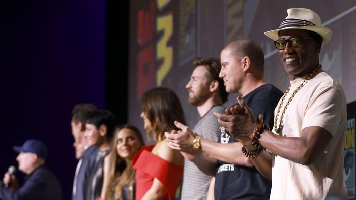 SAN DIEGO, CALIFORNIA - JULY 25: (L-R) Dafne Keen, Jennifer Garner, Chris Evans, Channing Tatum and Wesley Snipes speak onstage during Marvel Studios: The Ultimate Deadpool & Wolverine Celebration Of Life panel during 2024 Comic-Con International at San Diego Convention Center on July 25, 2024 in San Diego, California. (Photo by Matt Winkelmeyer/Getty Images)