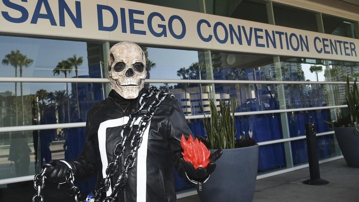 Ray Benavides dressed as Ghostrider attends preview night at Comic-Con International on Wednesday , July 24, 2024, in San Diego. (Photo by Richard Shotwell/Invision/AP)