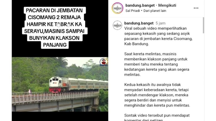 Tangkapan layar Instagram sejoli memadu kasih di atas jembatan perlintasan kereta api di Bandung
