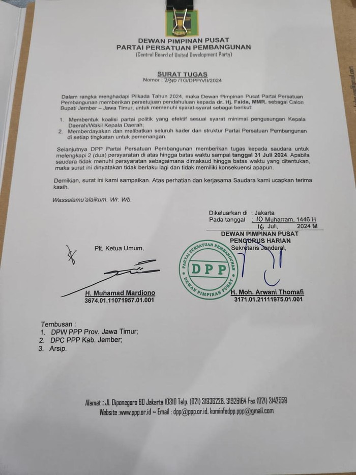 Beredar surat tugas PPP untuk Faida maju di Pilbup Jember