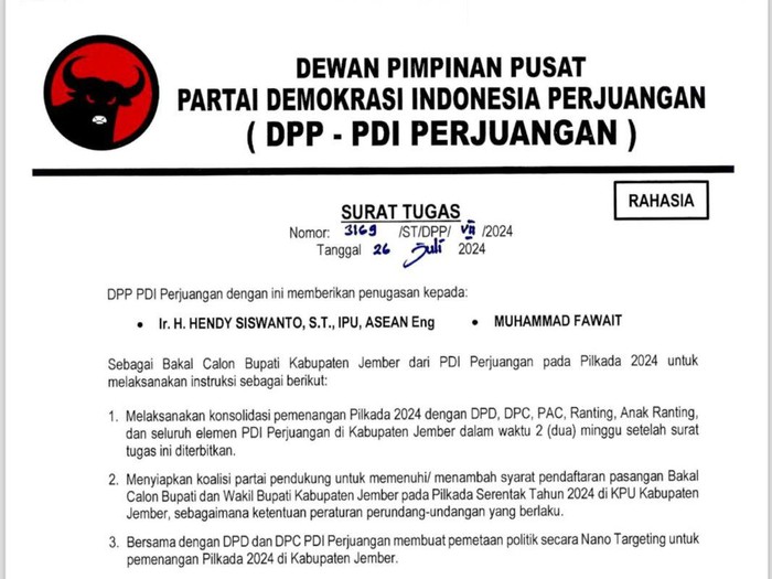 Surat tugas PDIP di Pilbup Jember 2024