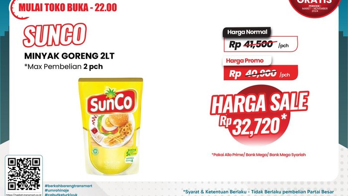 Ada Transmart Full Day Sale yang menawarkan diskon 50%+20% untuk berbagai kebutuhan sehari-hari.