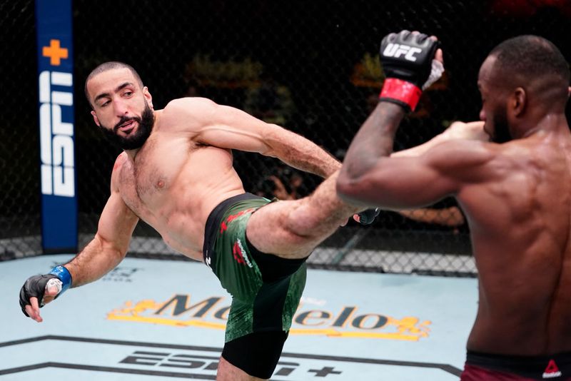 MANCHESTER, ENGLAND - JULY 27: Belal Muhammad reacts after his victory against Leon Edwards of Jamaica in the UFC welterweight championship bout during the UFC 304 event at Co-op Live on July 27, 2024 in Manchester, England.  (Photo by Chris Unger/Zuffa LLC via Getty Images)