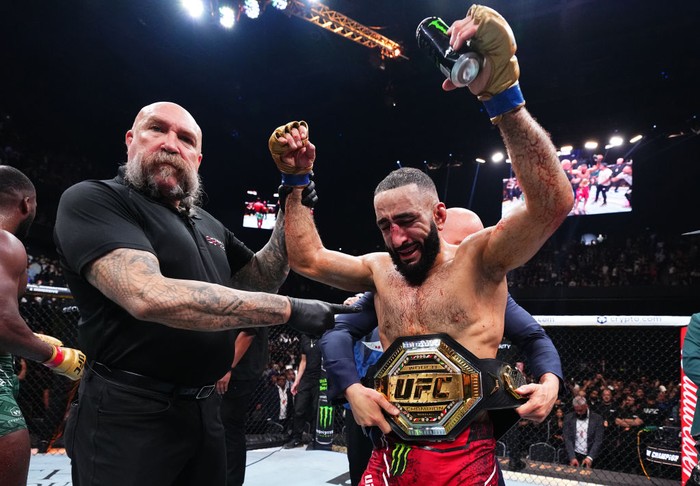 MANCHESTER, ENGLAND - JULY 27: Belal Muhammad reacts after his victory against Leon Edwards of Jamaica in the UFC welterweight championship bout during the UFC 304 event at Co-op Live on July 27, 2024 in Manchester, England.  (Photo by Chris Unger/Zuffa LLC via Getty Images)