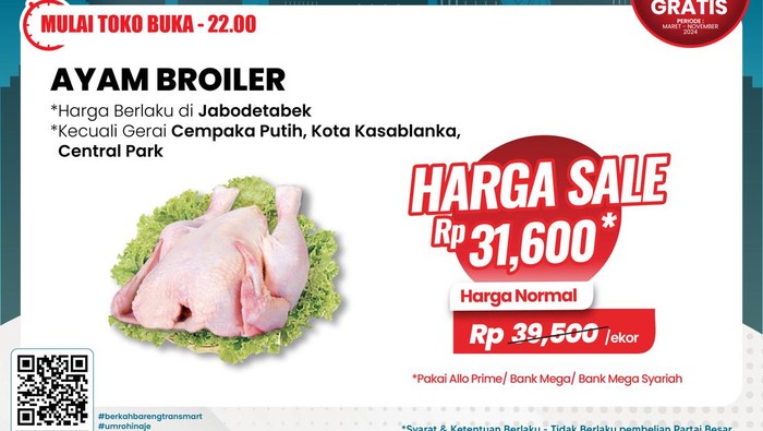 Dalam momentum itu, Transmart menawarkan diskon melimpah untuk berbagai produk, termasuk daging ayam broiler.