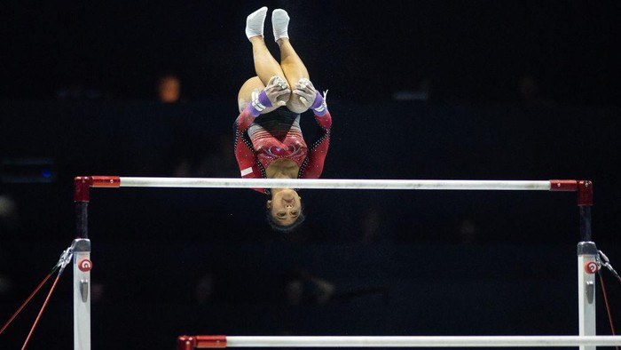 LIVERPOOL, ENGLAND - October 30: Rifda Irfanaluthfi of Indonesia performs her uneven bars routine during Womens qualifications at the World Gymnastics Championships-Liverpool 2022 at M&S Bank Arena on October 30th, 2022 in Liverpool, England. (Photo by Tim Clayton/Corbis via Getty Images)