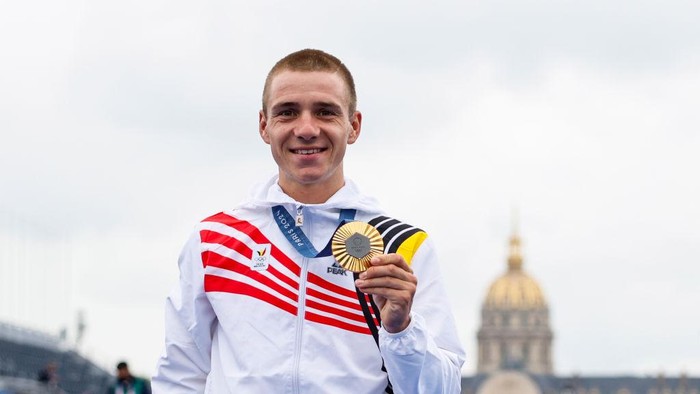 PARIS, FRANCE - JULY 27: Gold medalist Remco Evenepoel (BEL) poses on the podium after winning the gold medal during the Mens Individual Time Trial on day one of the Olympic Games Paris 2024 at Pont Alexandre III during the Paris 2024 Olympics Games on july 27, 2024, in Paris, Spain. (Photo By Manu Reino/Europa Press via Getty Images)