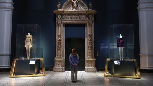 Items used in the ‘Speak Now’ World Tour and on the album cover photograph and loaned by Taylor Swift, which forms part of the Taylor Swift Songbook Trail exhibition celebrating the work of the music artist, are displayed at the V&A Museum in London, Britain, July 24, 2024. REUTERS/Toby Melville