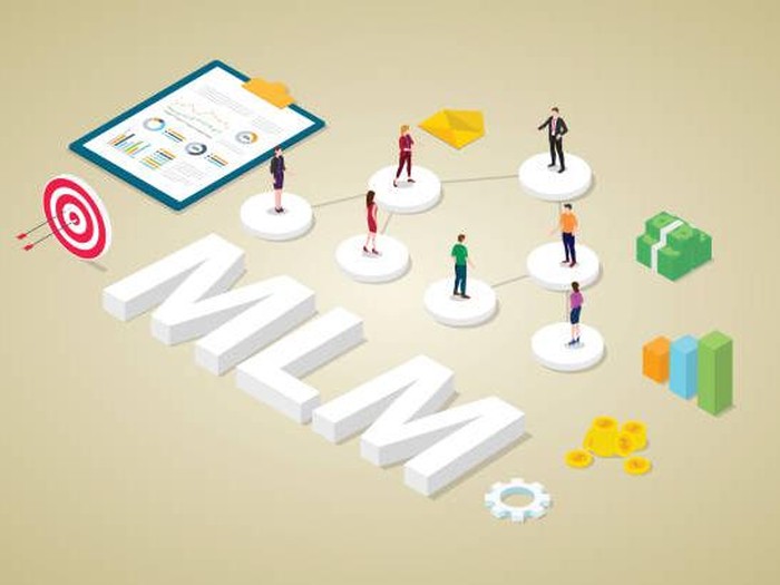 multi-level marketing business concept with team people scheme binary tree concept with money and isometric modern flat style - vector illustration