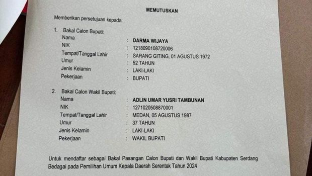 PDIP resmi mengusung Darma Wijaya alias Wiwik dan Adlin Tambunan di Pilkada Sergai, Sumut. (Dok. Istimewa)
