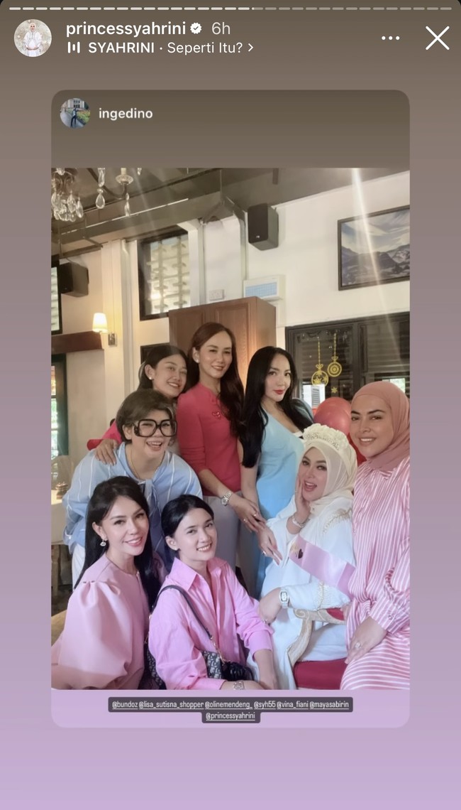 Para sahabat dan kerabat yang hadir memberikan kejutan rupanya juga kompak mengenakan pakaian berwarna biru dan pink. Terlihat adik Syahrini, Aisyahrani, ikut hadir memberikan kejutan. Foto: Instagram/@princessyahrini