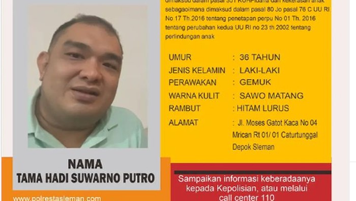 Tama Hadi Suwarno Putro buron kasus penganiayaan anak Polresta Sleman. Foto diunggah Senin (29/7/2024).