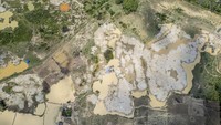 Foto udara kawasan pertambangan emas di areal persawahan dan perkebunan di Merangin, Jambi, Minggu (28/7/2024).  