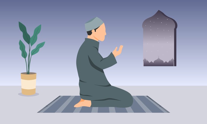 A Muslim man praying at home. A Muslim man sitting on prayer mat. Vector illustration.