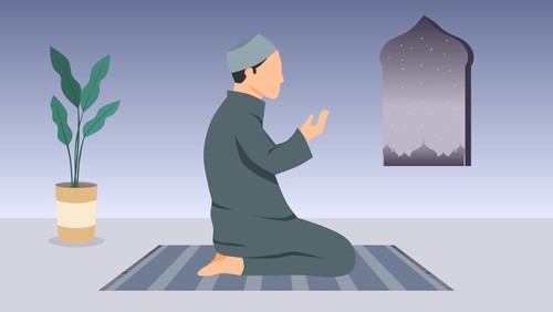 A Muslim man praying at home. A Muslim man sitting on prayer mat. Vector illustration.